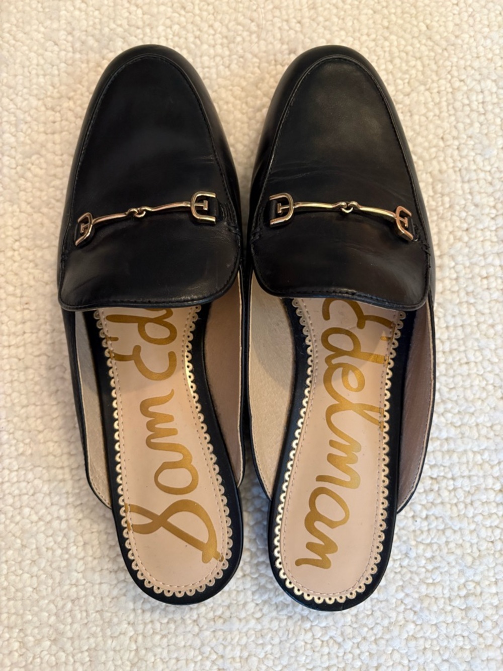 Sam Edelman Black Leather Mule Loafers with Gold Horsebit